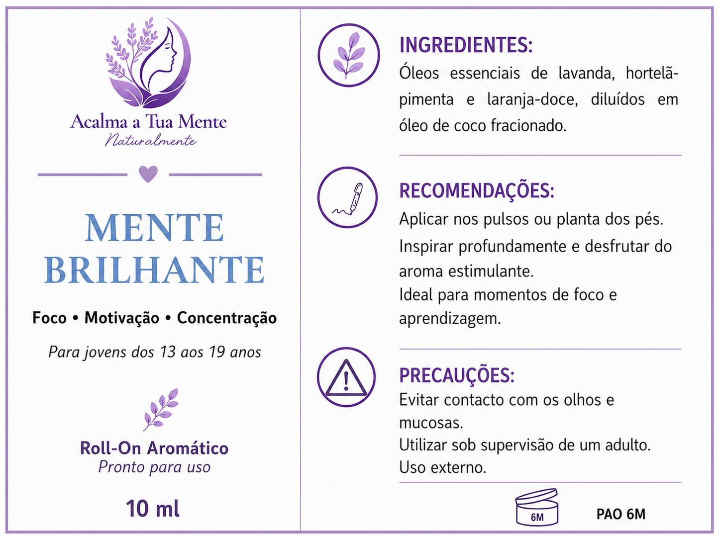 Mente Brilhante | Roll-On Aromático Jovem 10 ml - ACALMA A TUA MENTE NATURALMENTE - ÓLEOS ESSENCIAIS E TERAPIAS