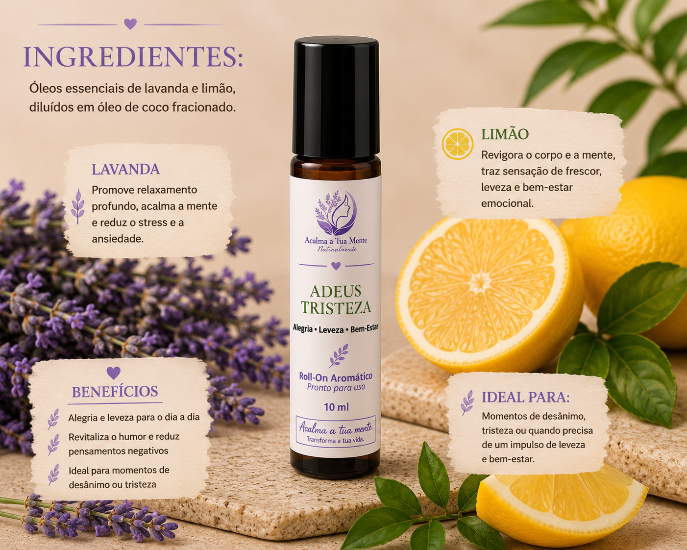 Adeus Tristeza | Roll-On Aromático Natural 10 ml - ACALMA A TUA MENTE NATURALMENTE - ÓLEOS ESSENCIAIS E TERAPIAS