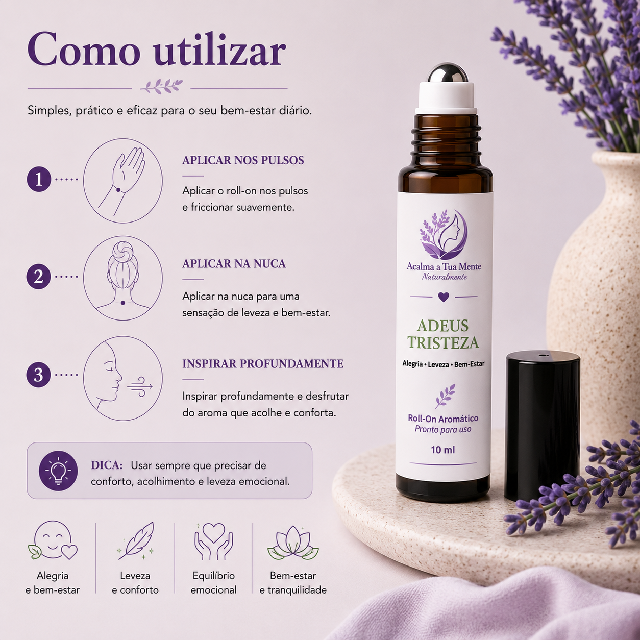 Adeus Tristeza | Roll-On Aromático Natural 10 ml - ACALMA A TUA MENTE NATURALMENTE - ÓLEOS ESSENCIAIS E TERAPIAS