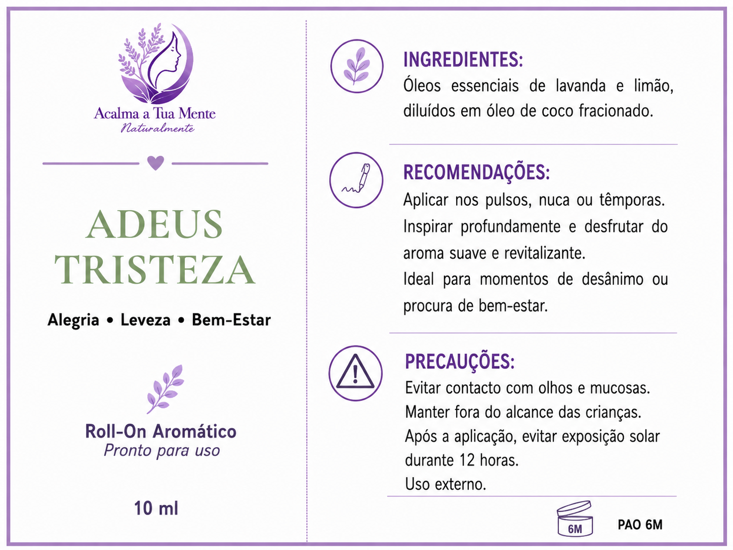 Adeus Tristeza | Roll-On Aromático Natural 10 ml - ACALMA A TUA MENTE NATURALMENTE - ÓLEOS ESSENCIAIS E TERAPIAS