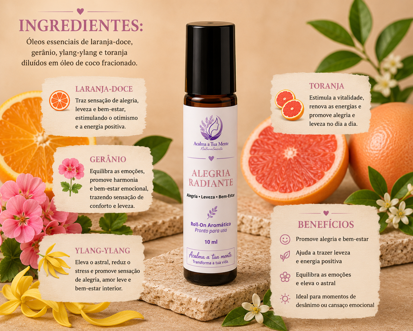 Alegria Radiante | Roll-On Aromático Natural 10 ml - ACALMA A TUA MENTE NATURALMENTE - ÓLEOS ESSENCIAIS E TERAPIAS