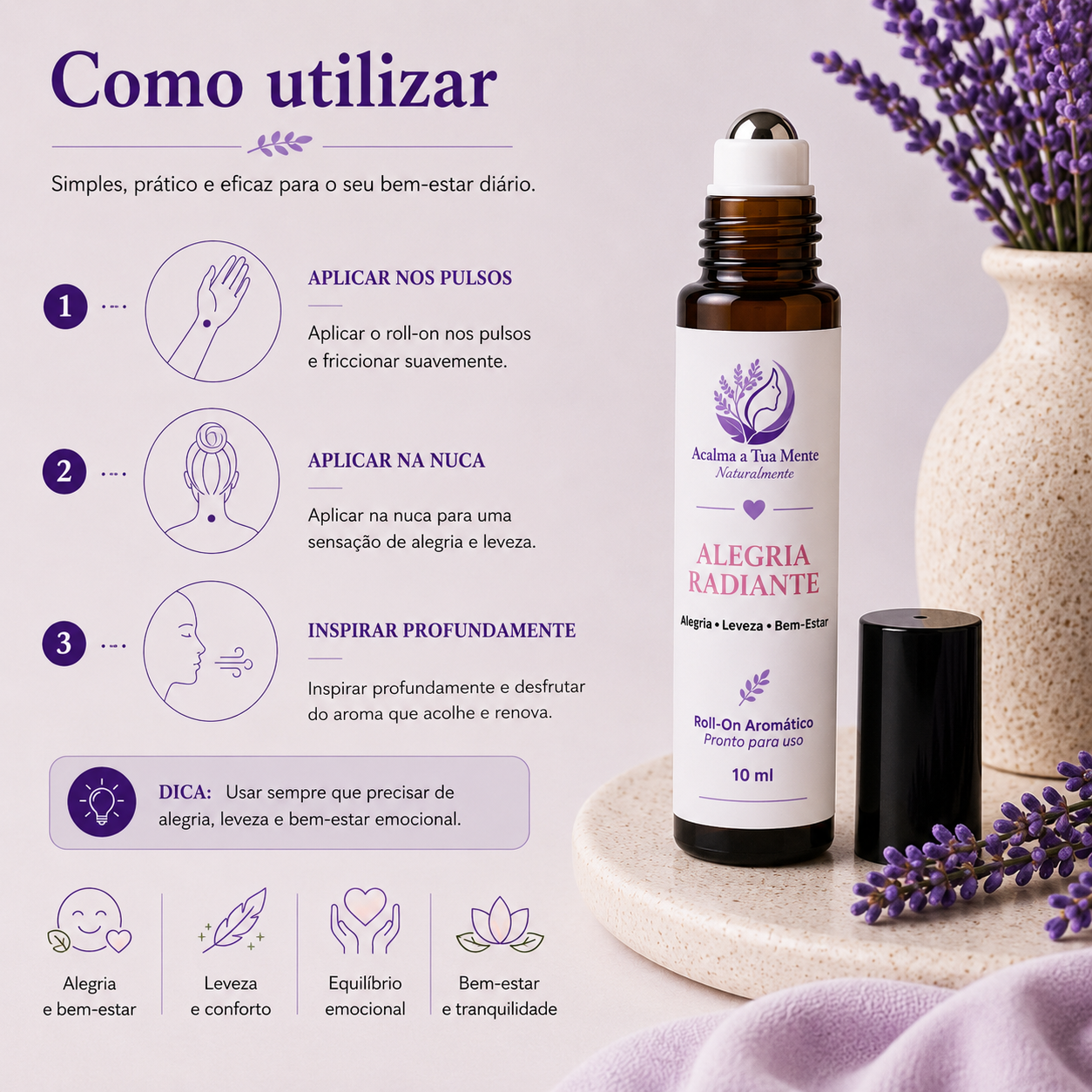 Alegria Radiante | Roll-On Aromático Natural 10 ml - ACALMA A TUA MENTE NATURALMENTE - ÓLEOS ESSENCIAIS E TERAPIAS
