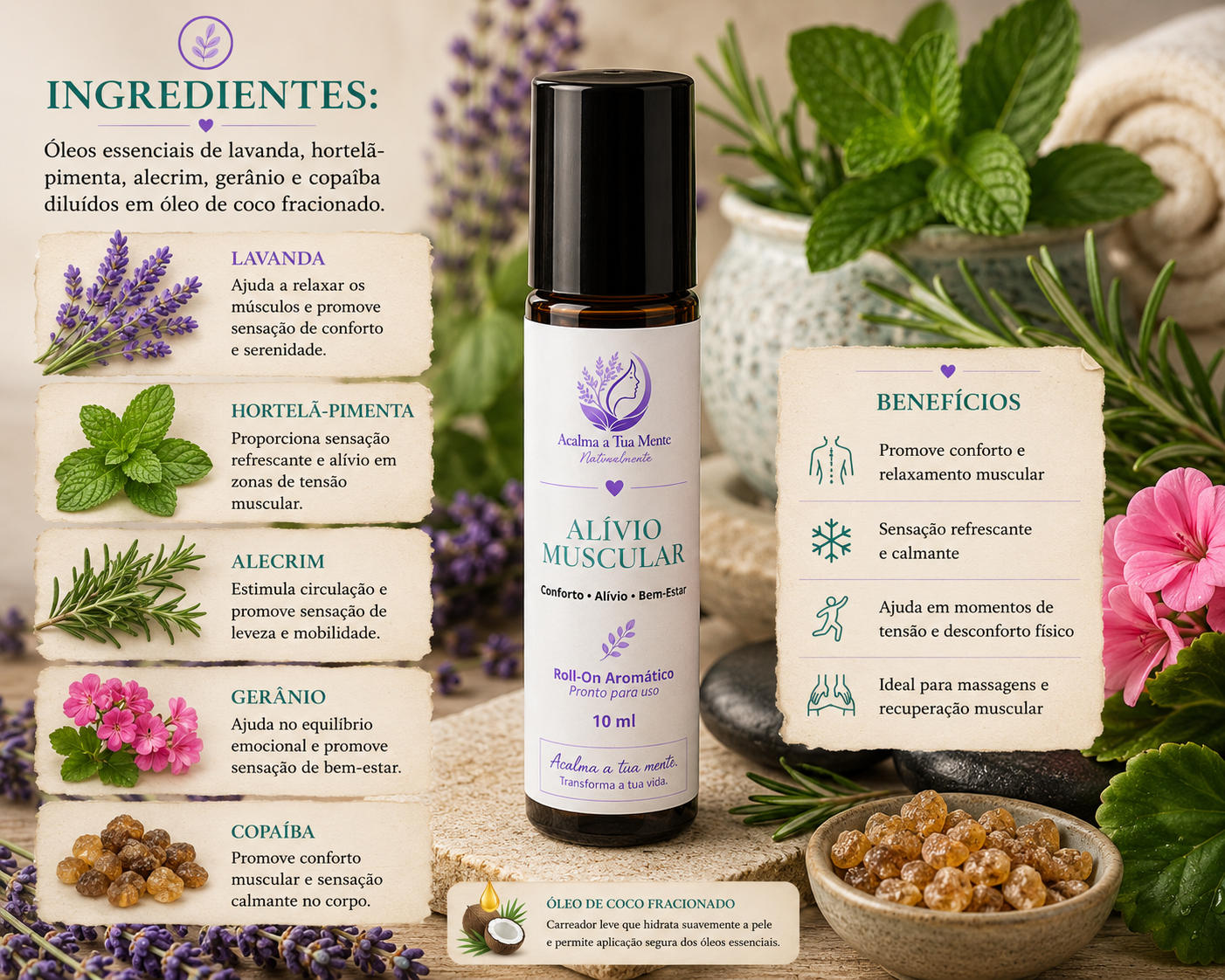 Alívio Muscular | Roll-On Aromático Natural 10 ml - ACALMA A TUA MENTE NATURALMENTE - ÓLEOS ESSENCIAIS E TERAPIAS