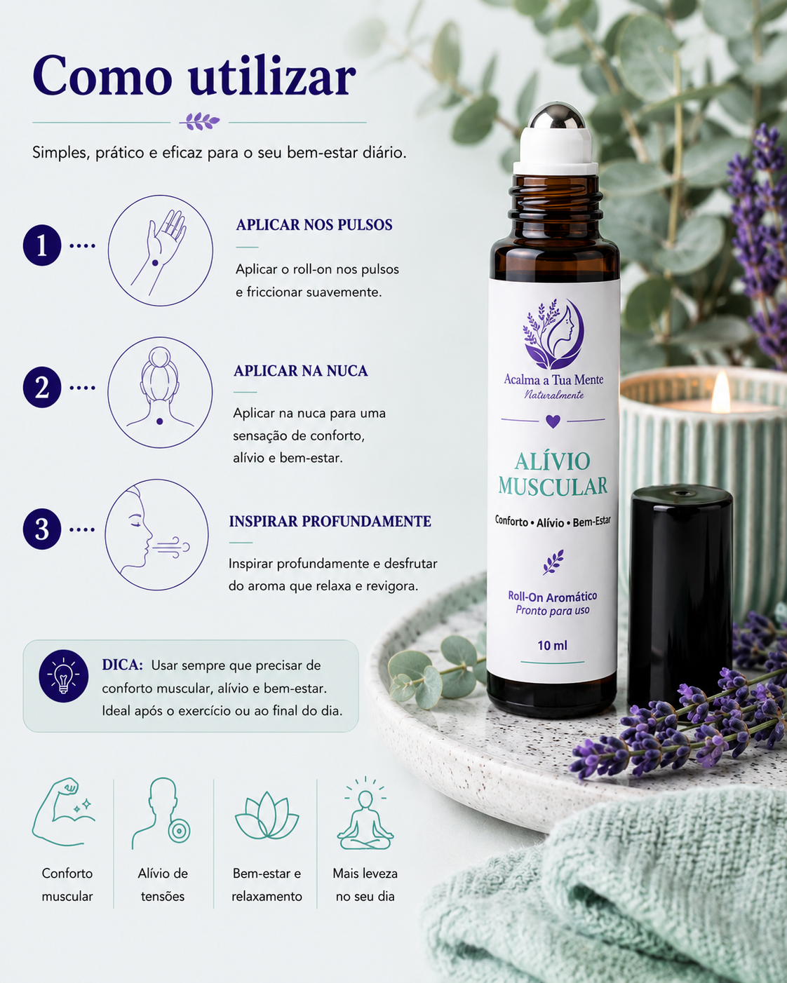 Alívio Muscular | Roll-On Aromático Natural 10 ml - ACALMA A TUA MENTE NATURALMENTE - ÓLEOS ESSENCIAIS E TERAPIAS