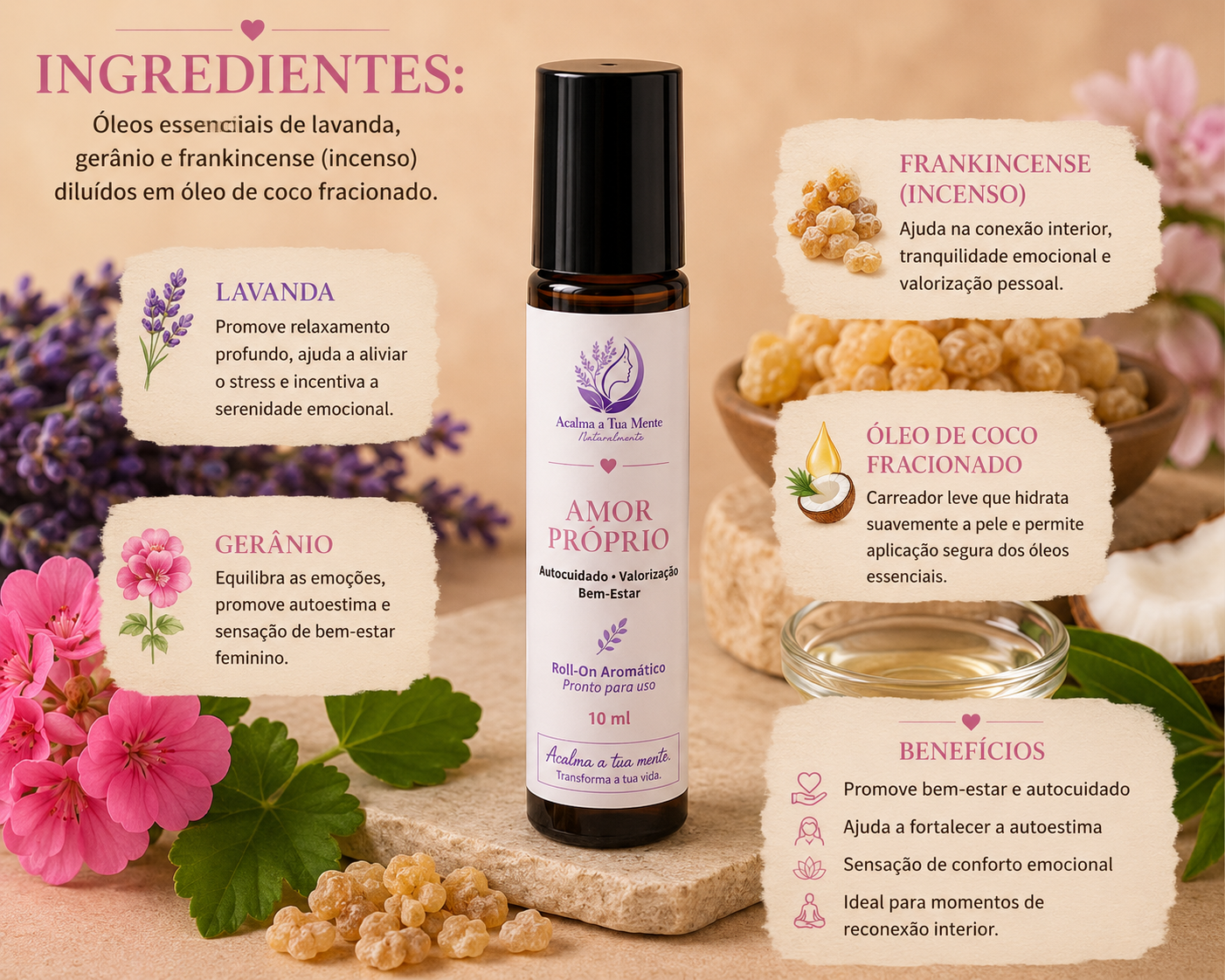 Amor Próprio | Roll-On Aromático Natural 10 ml - ACALMA A TUA MENTE NATURALMENTE - ÓLEOS ESSENCIAIS E TERAPIAS