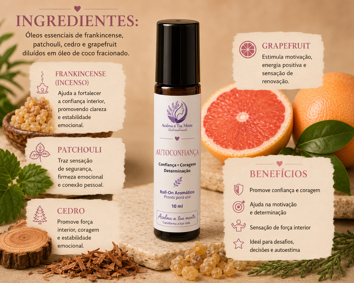 Autoconfiança | Roll-On Aromático Natural 10 ml - ACALMA A TUA MENTE NATURALMENTE - ÓLEOS ESSENCIAIS E TERAPIAS