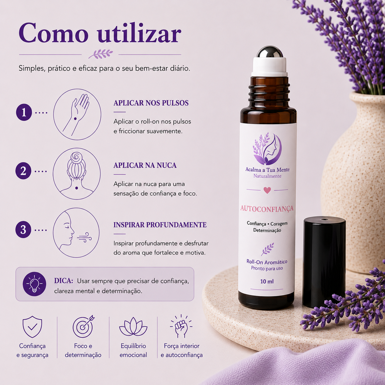 Autoconfiança | Roll-On Aromático Natural 10 ml - ACALMA A TUA MENTE NATURALMENTE - ÓLEOS ESSENCIAIS E TERAPIAS