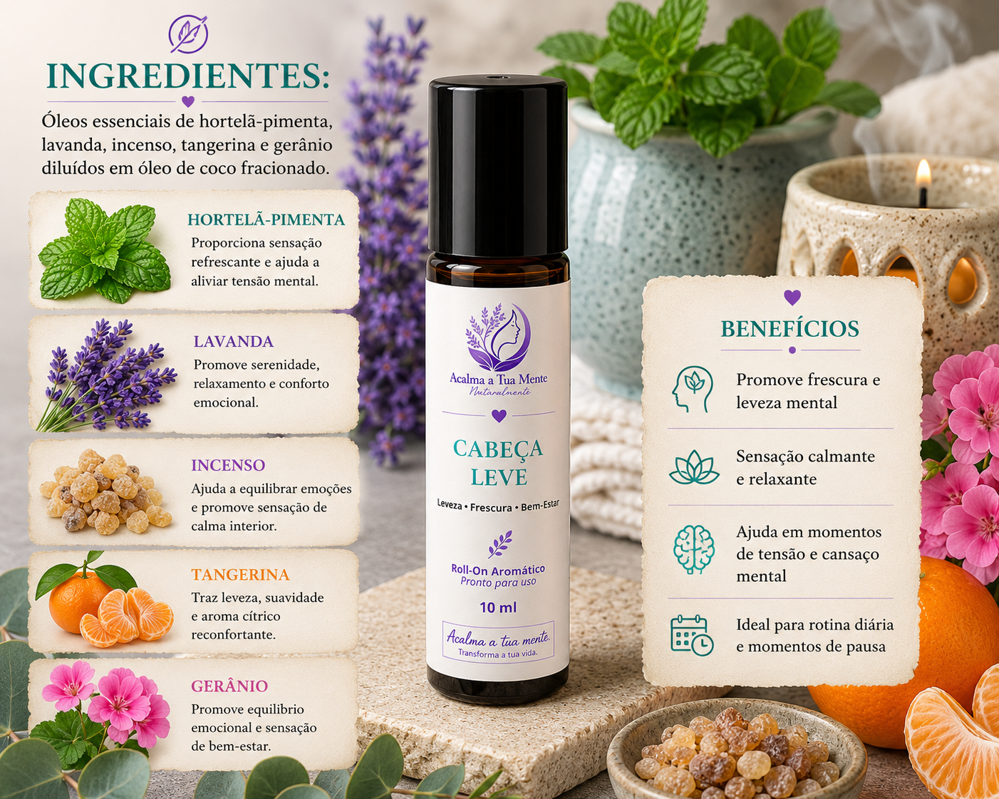 Cabeça Leve | Roll-On Aromático Natural 10 ml - ACALMA A TUA MENTE NATURALMENTE - ÓLEOS ESSENCIAIS E TERAPIAS
