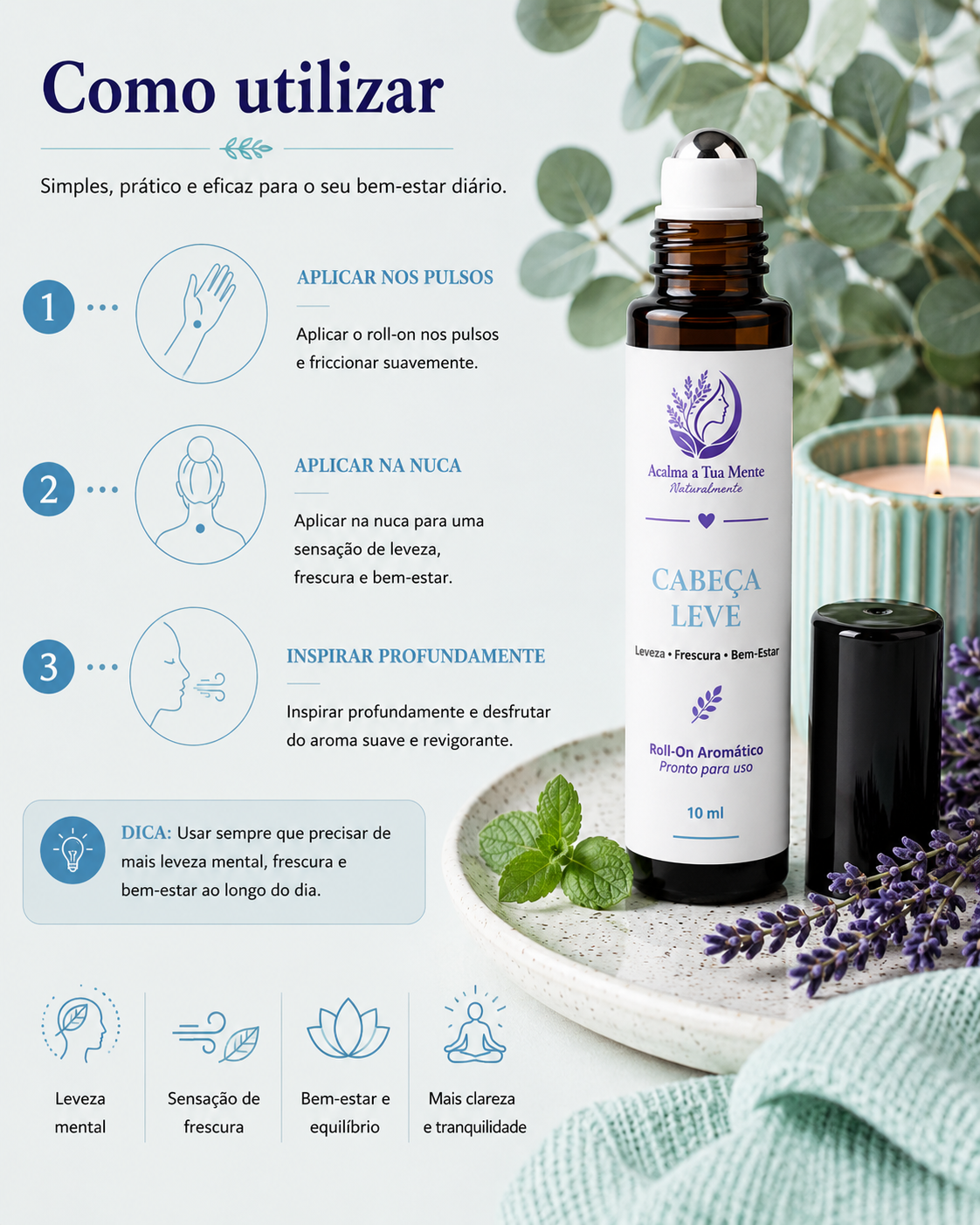 Cabeça Leve | Roll-On Aromático Natural 10 ml - ACALMA A TUA MENTE NATURALMENTE - ÓLEOS ESSENCIAIS E TERAPIAS
