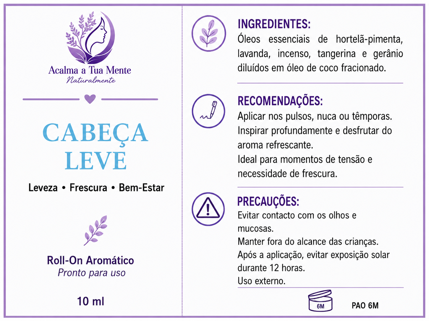 Cabeça Leve | Roll-On Aromático Natural 10 ml - ACALMA A TUA MENTE NATURALMENTE - ÓLEOS ESSENCIAIS E TERAPIAS