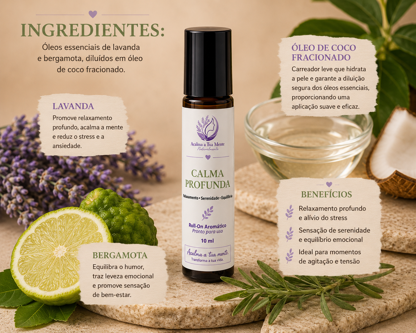 Calma Profunda | Roll-On Aromático Natural 10 ml - ACALMA A TUA MENTE NATURALMENTE - ÓLEOS ESSENCIAIS E TERAPIAS