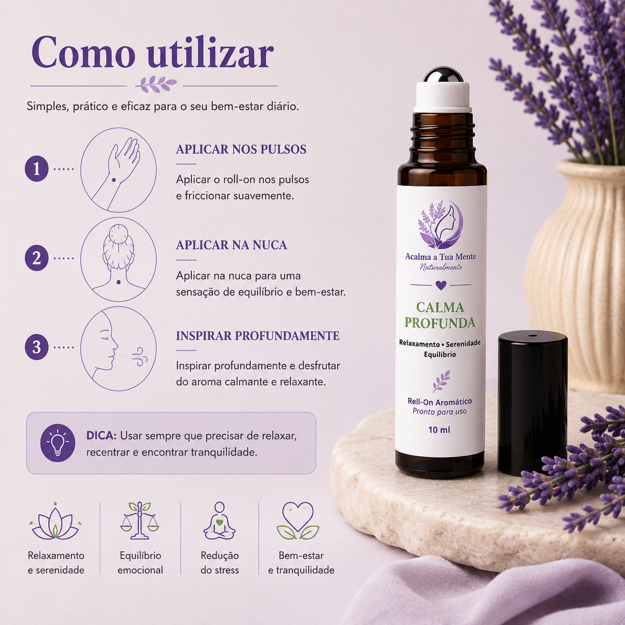 Calma Profunda | Roll-On Aromático Natural 10 ml - ACALMA A TUA MENTE NATURALMENTE - ÓLEOS ESSENCIAIS E TERAPIAS