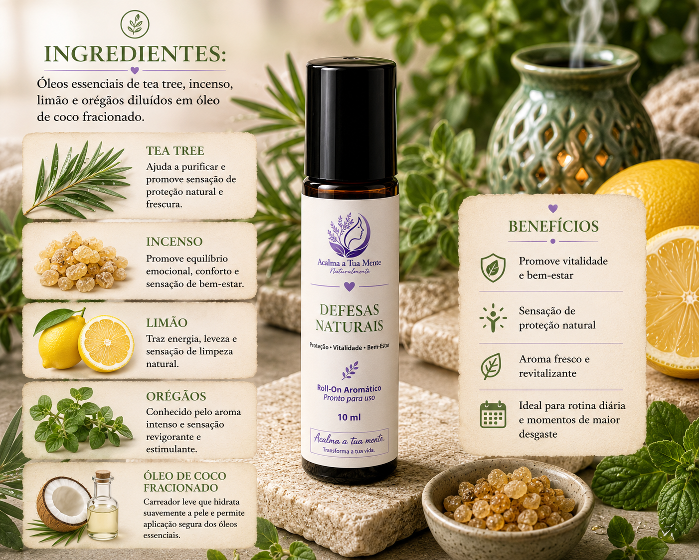 Defesas Naturais | Roll-On Aromático Natural 10 ml - ACALMA A TUA MENTE NATURALMENTE - ÓLEOS ESSENCIAIS E TERAPIAS