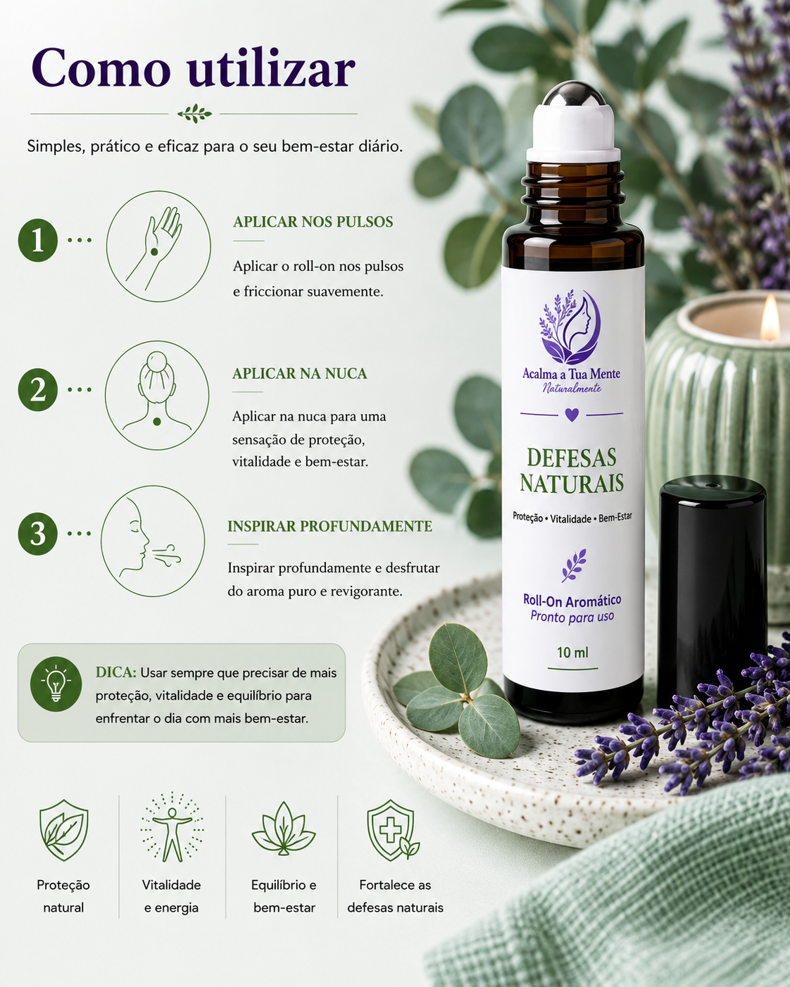 Defesas Naturais | Roll-On Aromático Natural 10 ml - ACALMA A TUA MENTE NATURALMENTE - ÓLEOS ESSENCIAIS E TERAPIAS