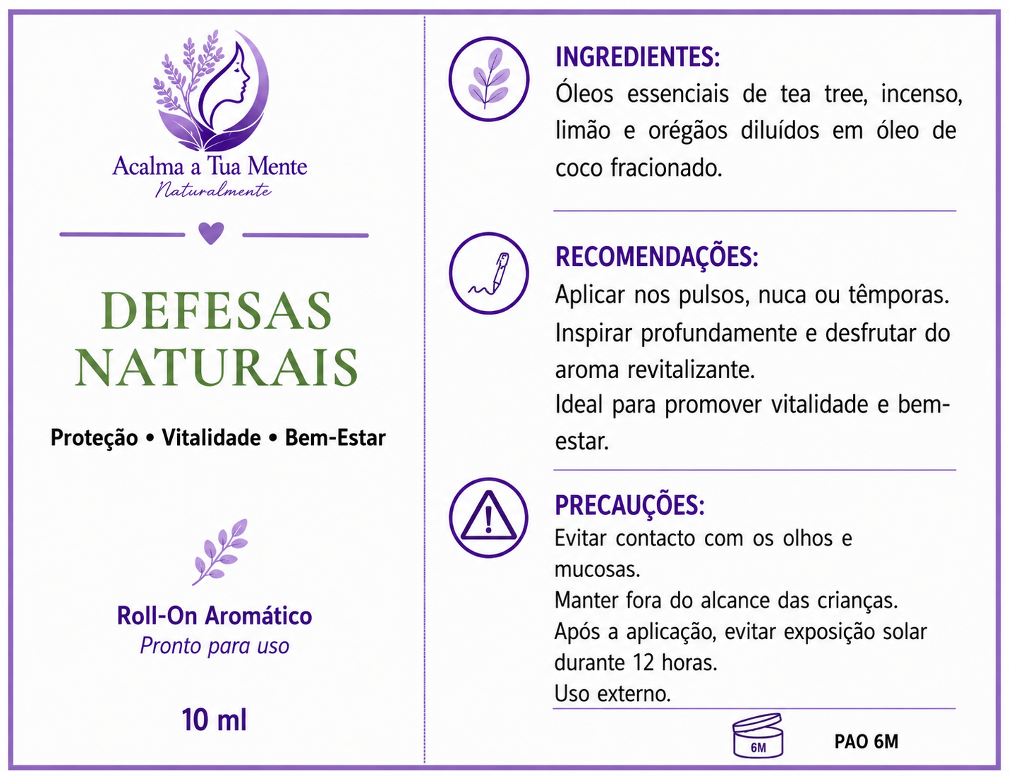 Defesas Naturais | Roll-On Aromático Natural 10 ml - ACALMA A TUA MENTE NATURALMENTE - ÓLEOS ESSENCIAIS E TERAPIAS