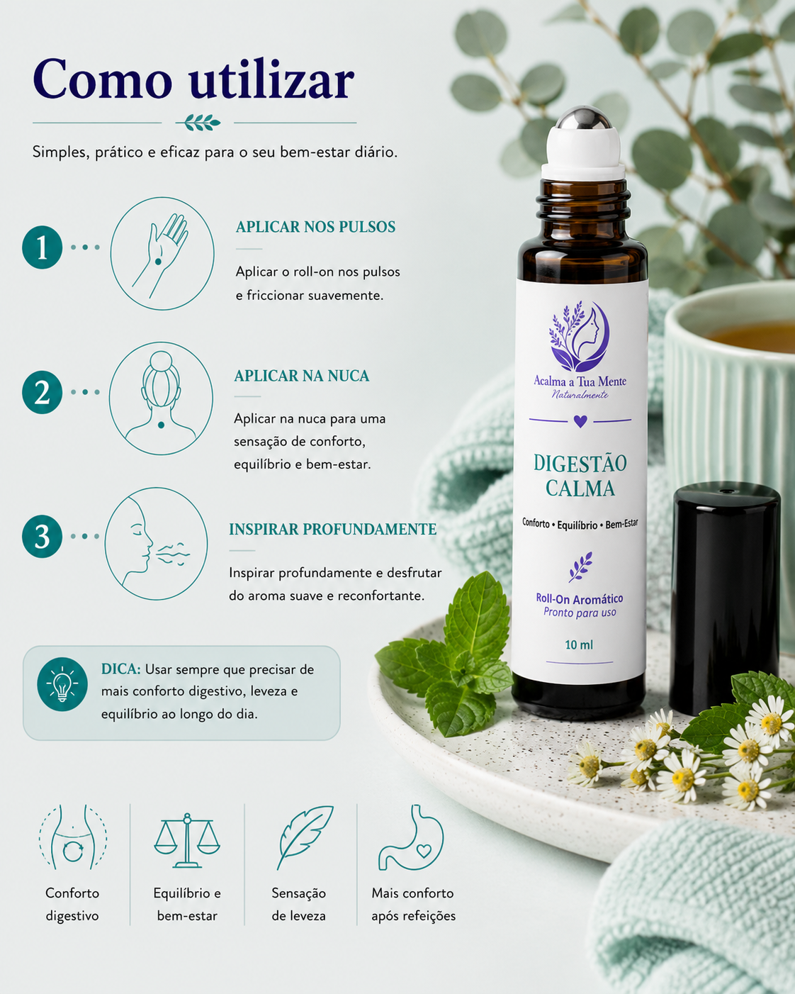 Digestão Calma | Roll-On Aromático Natural 10 ml - ACALMA A TUA MENTE NATURALMENTE - ÓLEOS ESSENCIAIS E TERAPIAS