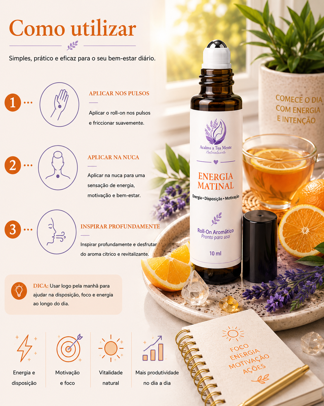 Energia Matinal | Roll-On Aromático Natural 10 ml - ACALMA A TUA MENTE NATURALMENTE - ÓLEOS ESSENCIAIS E TERAPIAS