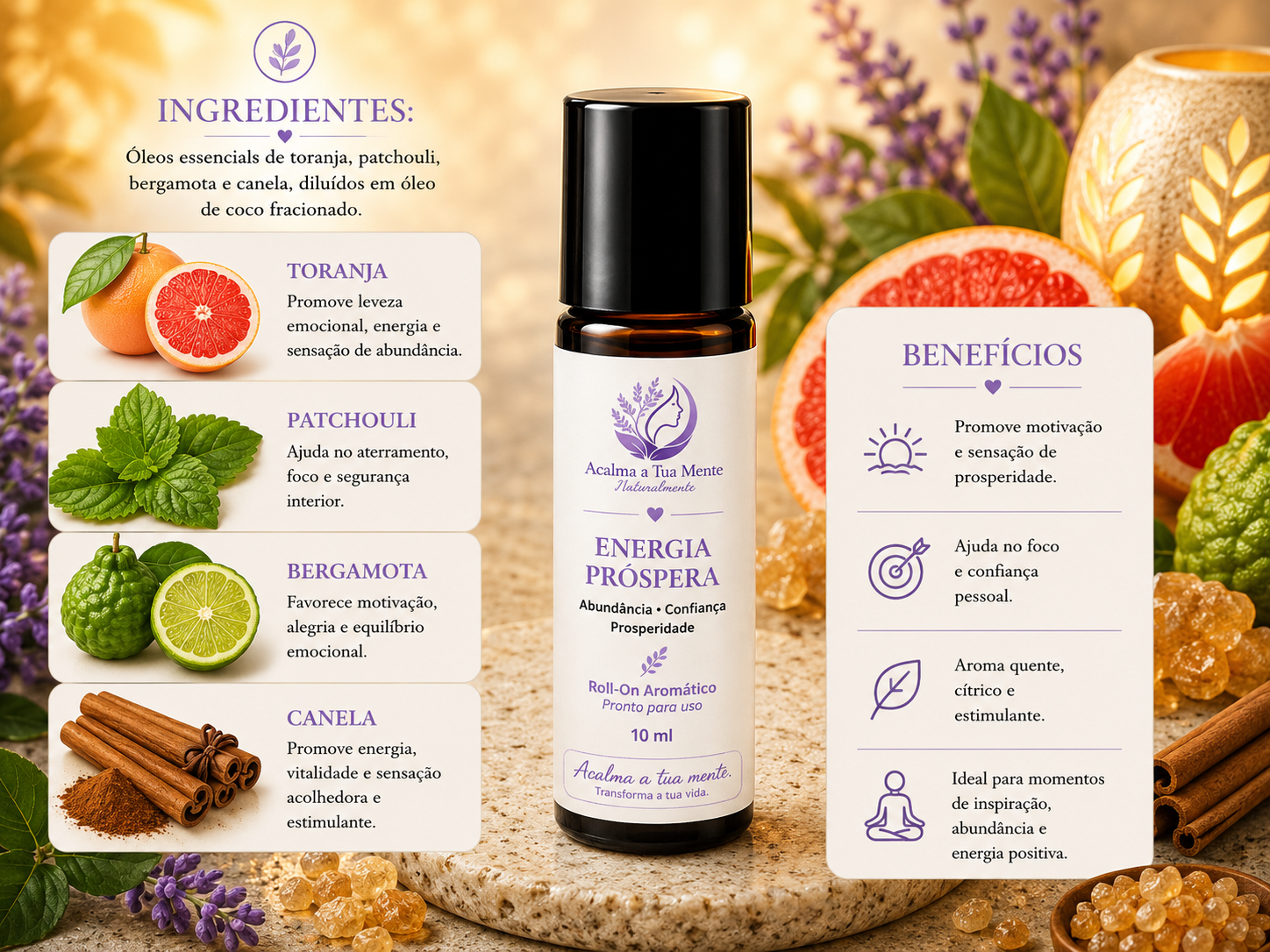 Energia Próspera | Roll-On Aromático Natural 10 ml - ACALMA A TUA MENTE NATURALMENTE - ÓLEOS ESSENCIAIS E TERAPIAS