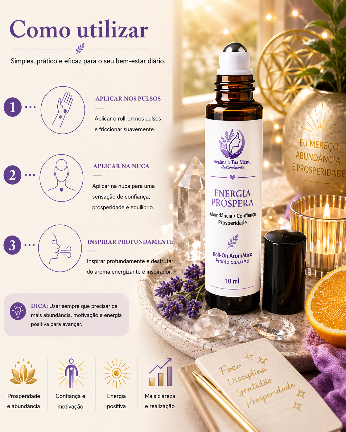Energia Próspera | Roll-On Aromático Natural 10 ml - ACALMA A TUA MENTE NATURALMENTE - ÓLEOS ESSENCIAIS E TERAPIAS