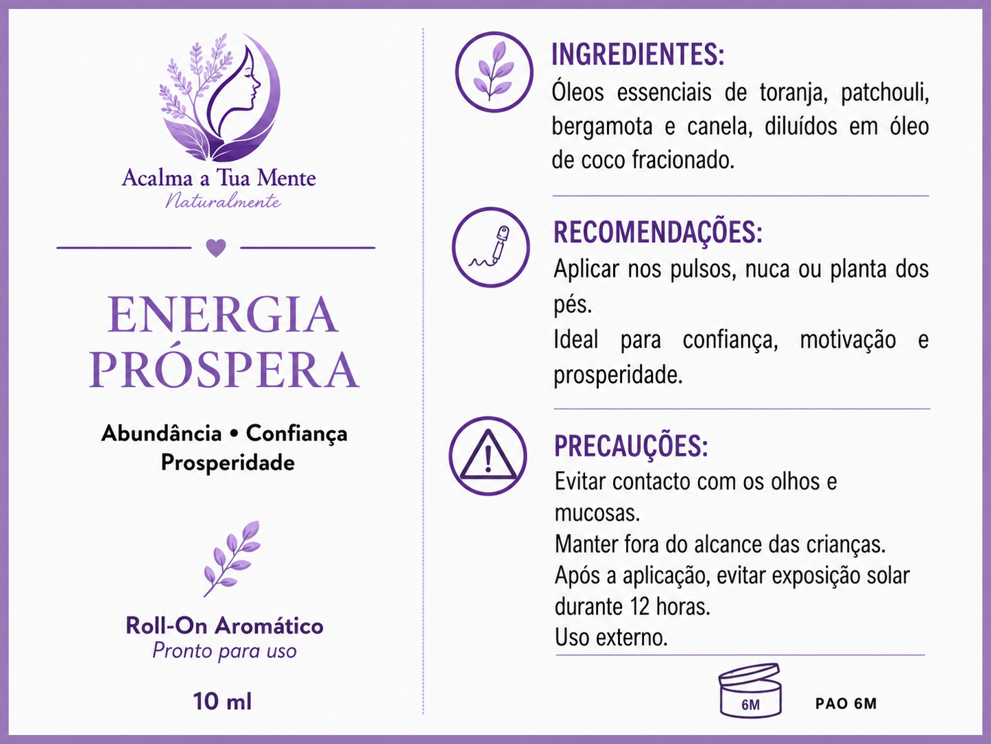 Energia Próspera | Roll-On Aromático Natural 10 ml - ACALMA A TUA MENTE NATURALMENTE - ÓLEOS ESSENCIAIS E TERAPIAS