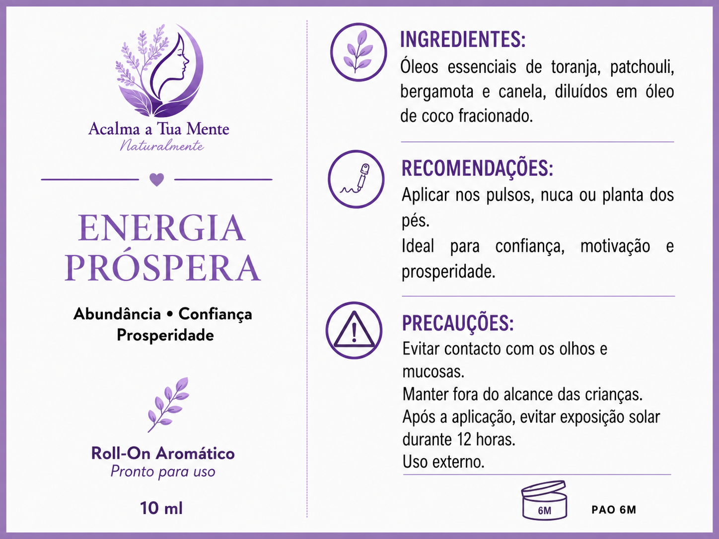 Energia Próspera | Roll-On Aromático Natural 10 ml - ACALMA A TUA MENTE NATURALMENTE - ÓLEOS ESSENCIAIS E TERAPIAS
