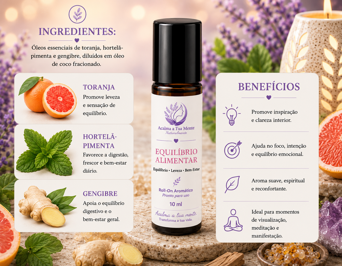 Equilíbrio Alimentar | Roll-On Aromático Natural 10 ml - ACALMA A TUA MENTE NATURALMENTE - ÓLEOS ESSENCIAIS E TERAPIAS