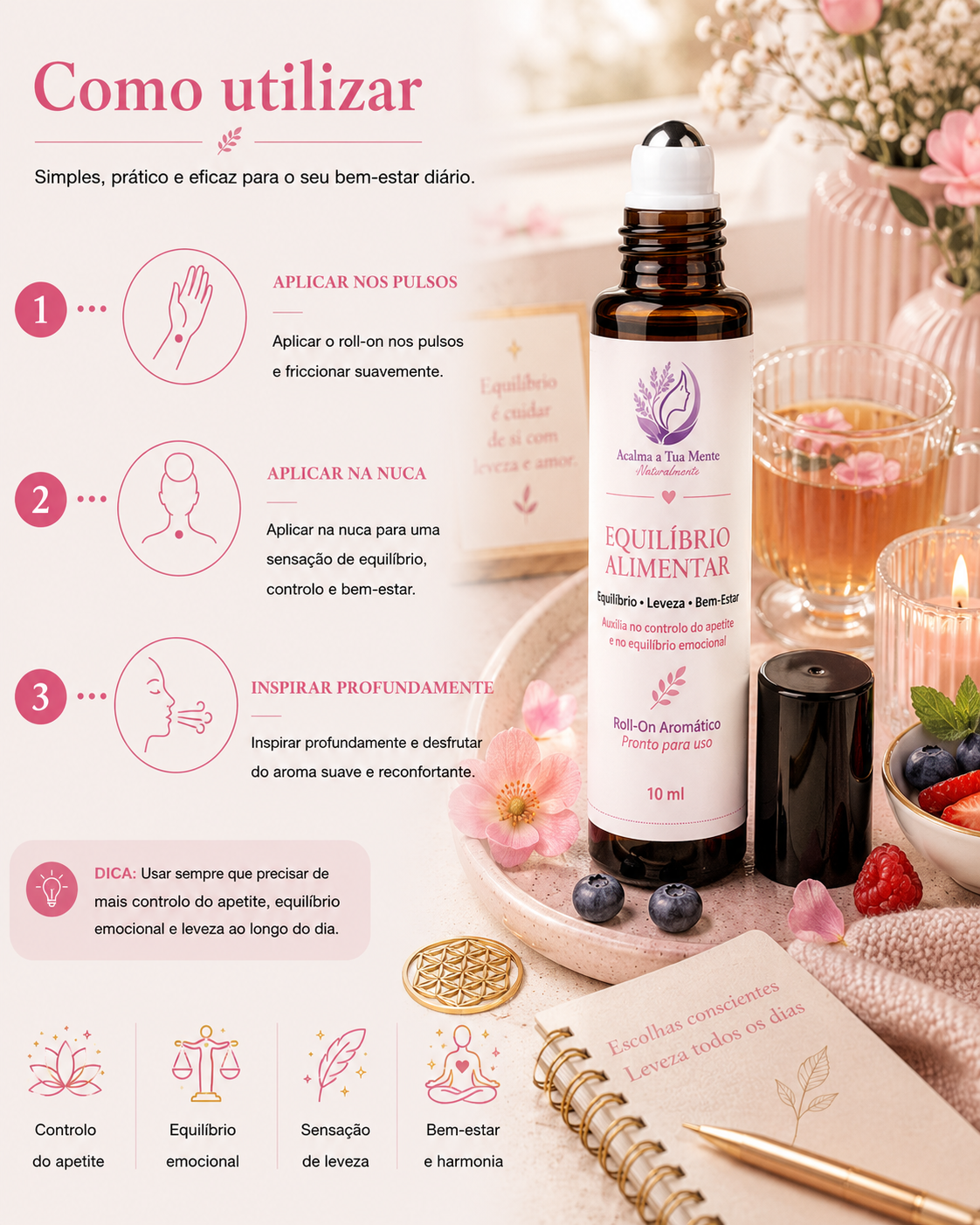 Equilíbrio Alimentar | Roll-On Aromático Natural 10 ml - ACALMA A TUA MENTE NATURALMENTE - ÓLEOS ESSENCIAIS E TERAPIAS