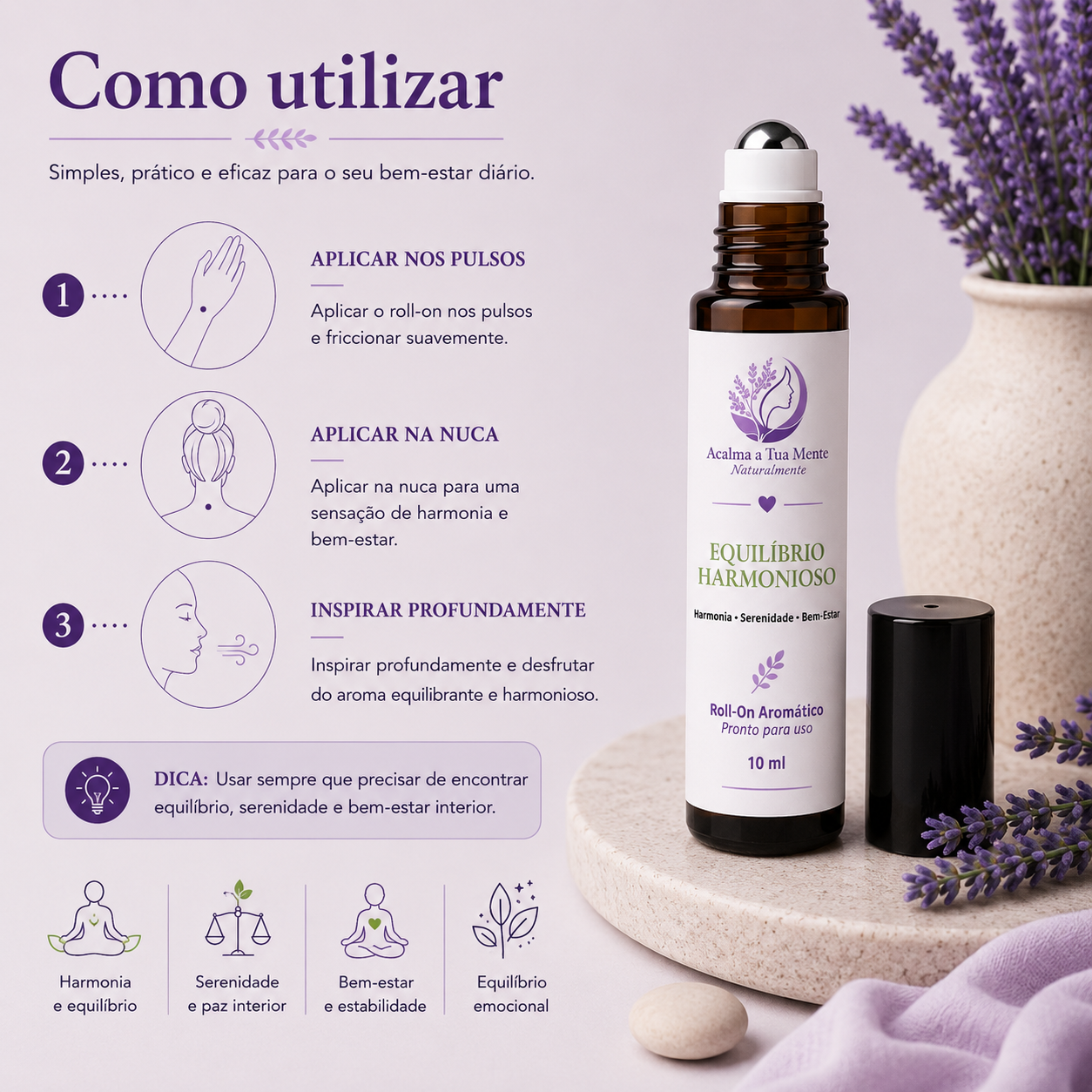 Equilíbrio Harmonioso | Roll-On Aromático Natural 10 ml - ACALMA A TUA MENTE NATURALMENTE - ÓLEOS ESSENCIAIS E TERAPIAS