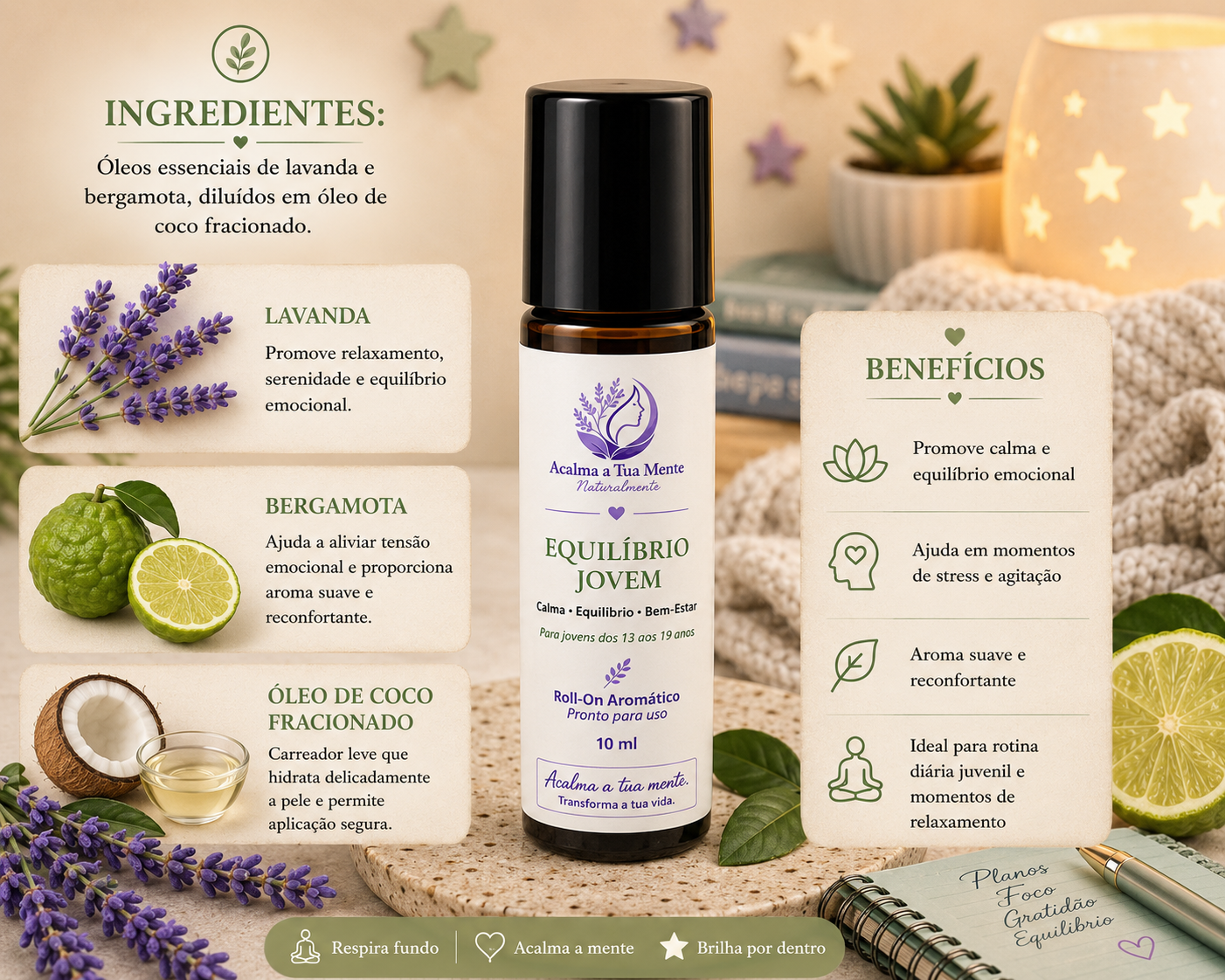 Equilíbrio Jovem | Roll-On Aromático Natural 10 ml - ACALMA A TUA MENTE NATURALMENTE - ÓLEOS ESSENCIAIS E TERAPIAS
