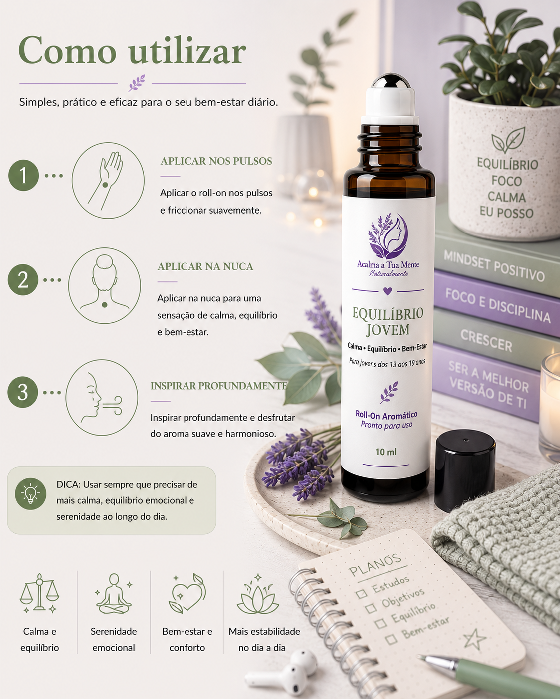 Equilíbrio Jovem | Roll-On Aromático Natural 10 ml - ACALMA A TUA MENTE NATURALMENTE - ÓLEOS ESSENCIAIS E TERAPIAS