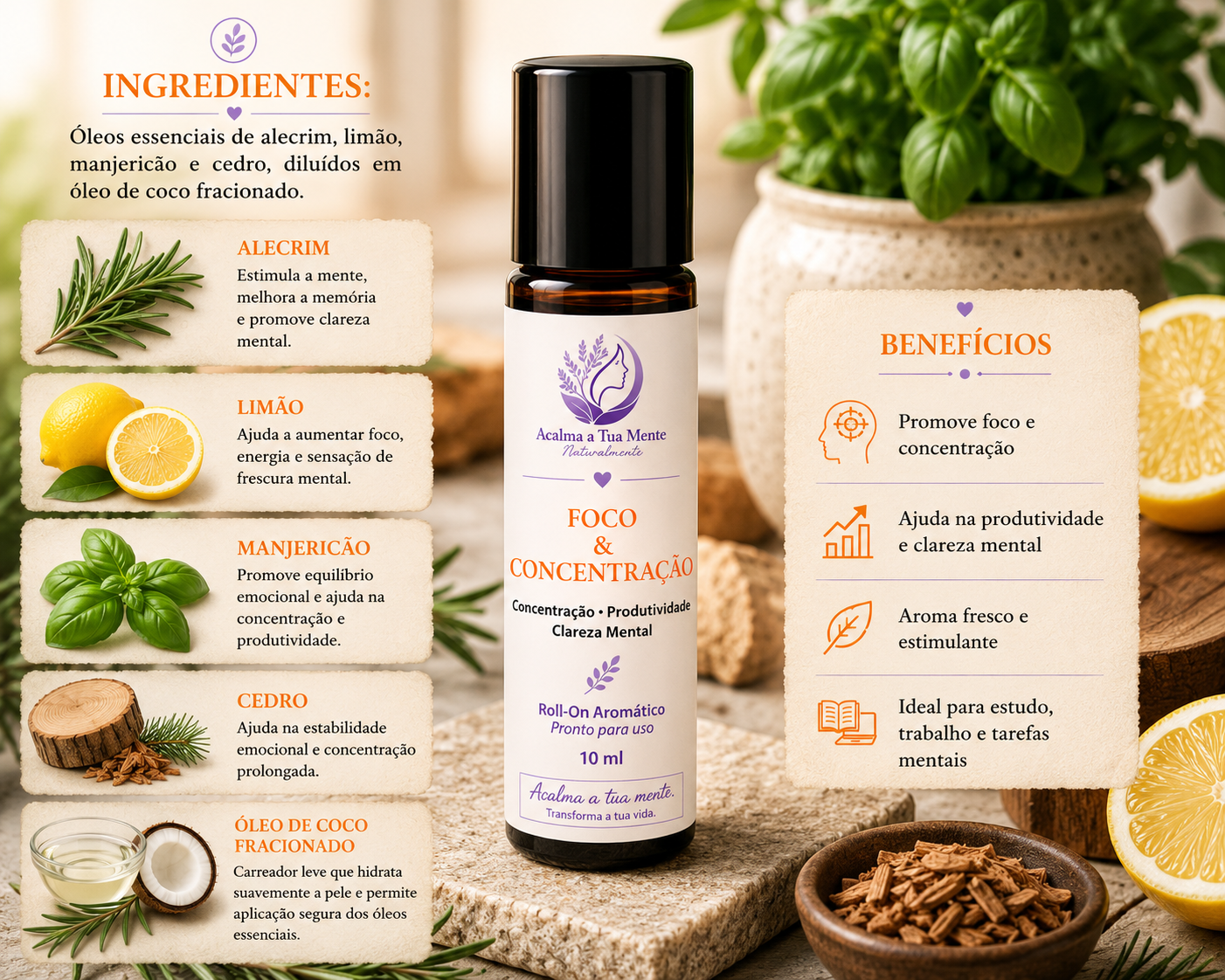 Foco & Concentração | Roll-On Aromático Natural 10 ml - ACALMA A TUA MENTE NATURALMENTE - ÓLEOS ESSENCIAIS E TERAPIAS
