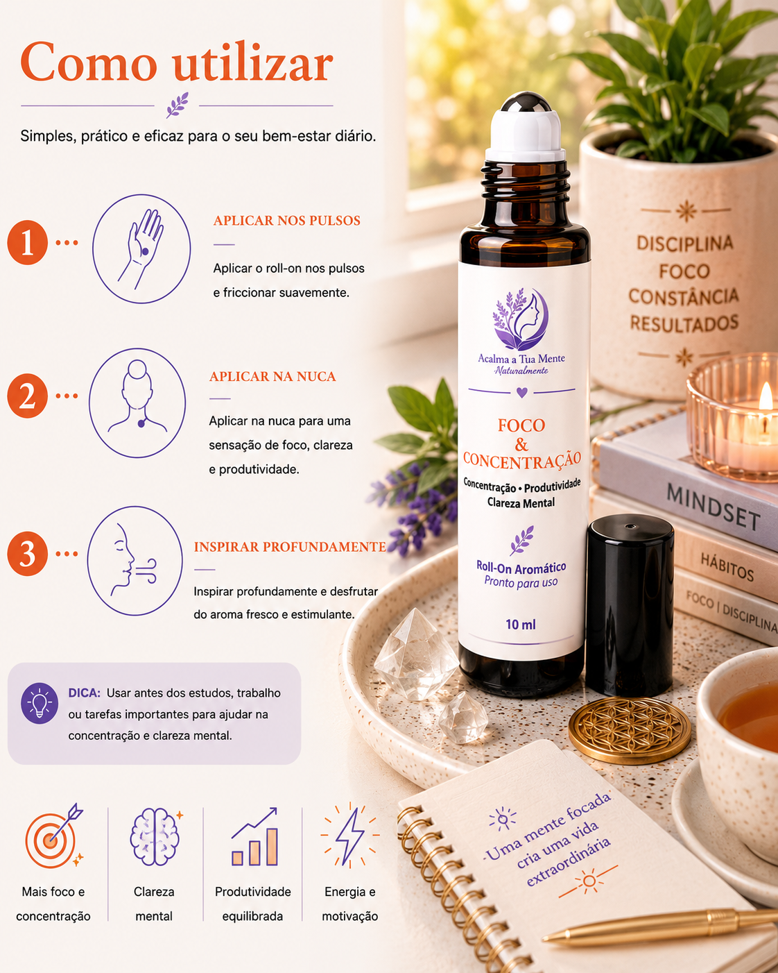 Foco & Concentração | Roll-On Aromático Natural 10 ml - ACALMA A TUA MENTE NATURALMENTE - ÓLEOS ESSENCIAIS E TERAPIAS