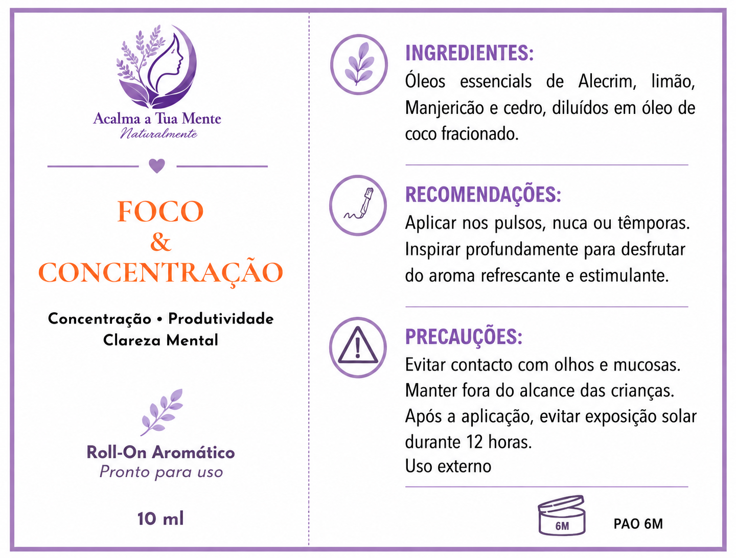 Foco & Concentração | Roll-On Aromático Natural 10 ml - ACALMA A TUA MENTE NATURALMENTE - ÓLEOS ESSENCIAIS E TERAPIAS