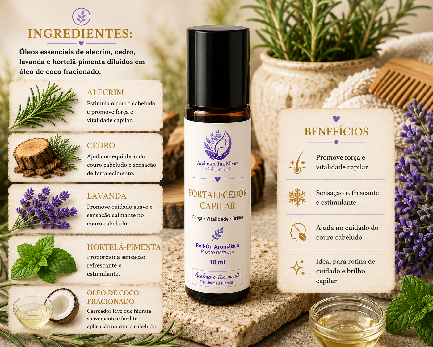 Fortalecedor Capilar | Roll-On Aromático Natural 10 ml - ACALMA A TUA MENTE NATURALMENTE - ÓLEOS ESSENCIAIS E TERAPIAS