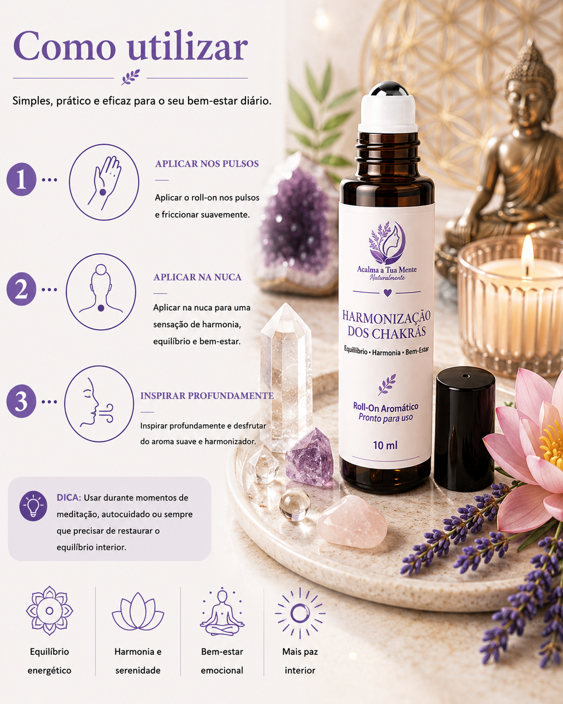 Harmonização dos Chakras | Roll-On Aromático Natural 10 ml - ACALMA A TUA MENTE NATURALMENTE - ÓLEOS ESSENCIAIS E TERAPIAS