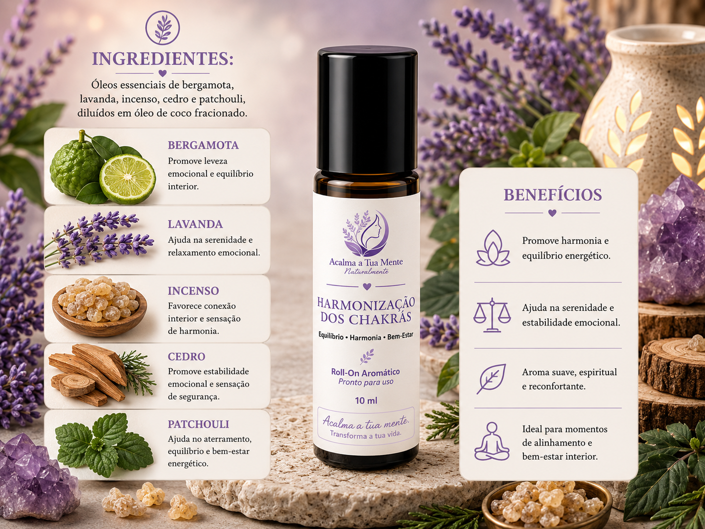 Harmonização dos Chakras | Roll-On Aromático Natural 10 ml - ACALMA A TUA MENTE NATURALMENTE - ÓLEOS ESSENCIAIS E TERAPIAS