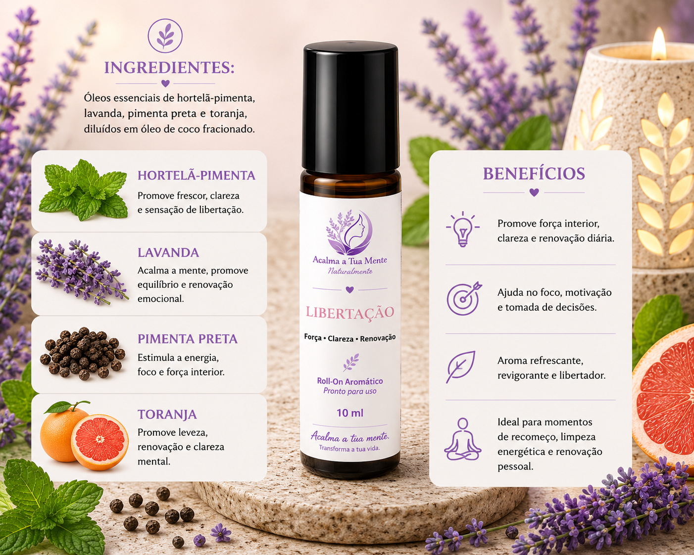 Libertação | Roll-On Aromático Natural 10 ml - ACALMA A TUA MENTE NATURALMENTE - ÓLEOS ESSENCIAIS E TERAPIAS