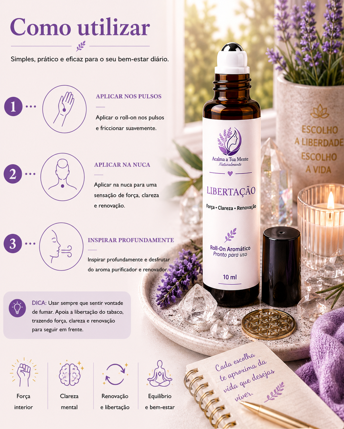 Libertação | Roll-On Aromático Natural 10 ml - ACALMA A TUA MENTE NATURALMENTE - ÓLEOS ESSENCIAIS E TERAPIAS