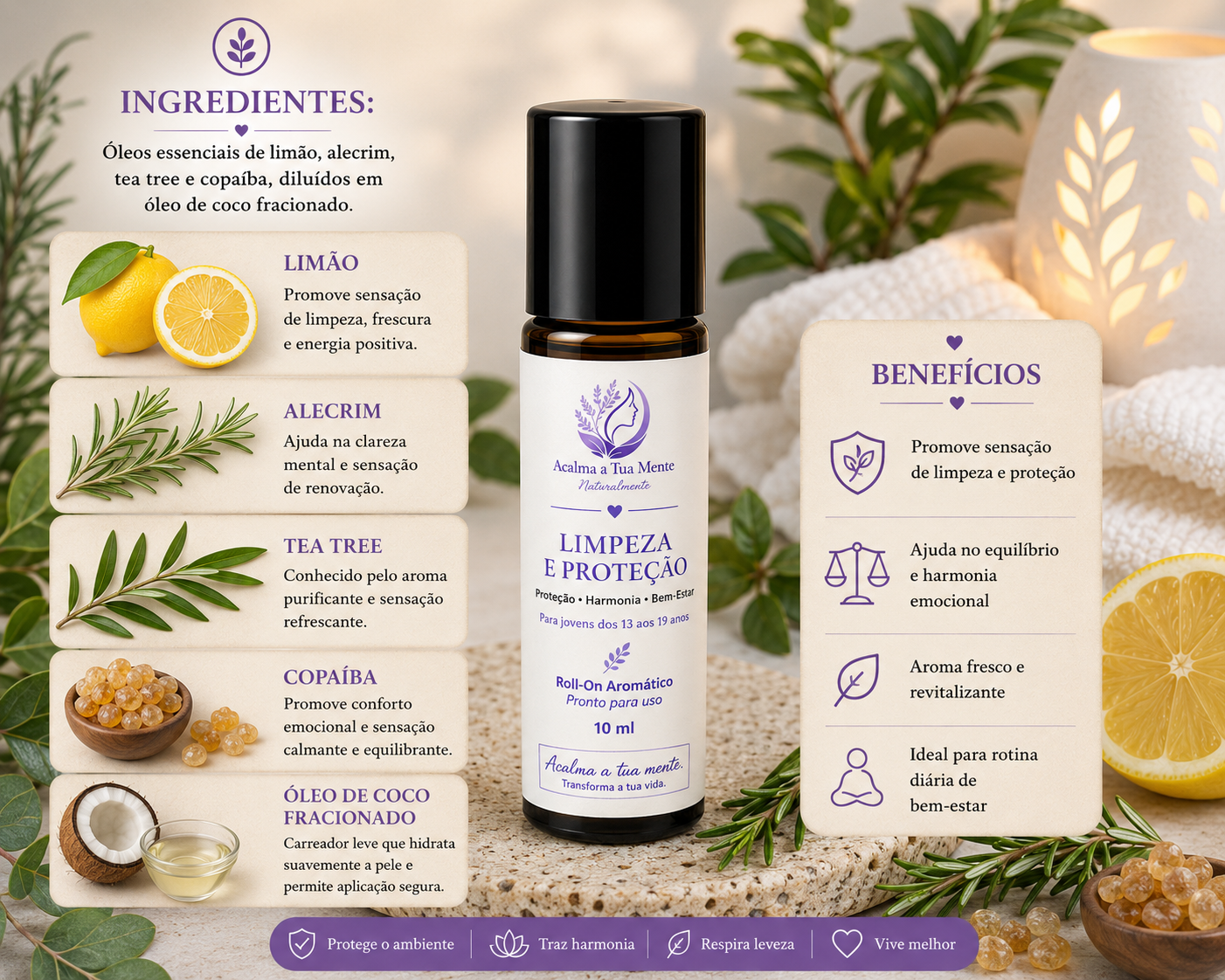 Limpeza e Proteção | Roll-On Aromático Natural 10 ml - ACALMA A TUA MENTE NATURALMENTE - ÓLEOS ESSENCIAIS E TERAPIAS