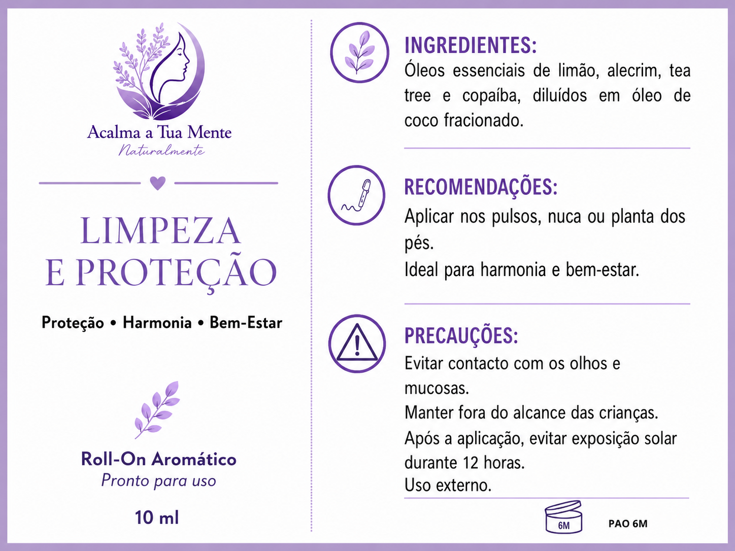 Limpeza e Proteção | Roll-On Aromático Natural 10 ml - ACALMA A TUA MENTE NATURALMENTE - ÓLEOS ESSENCIAIS E TERAPIAS