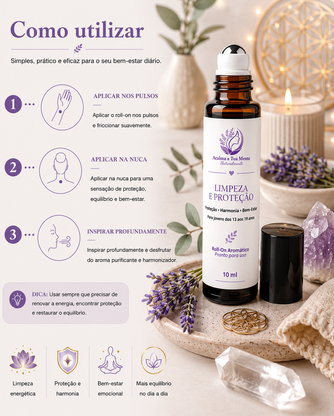 Limpeza e Proteção | Roll-On Aromático Natural 10 ml - ACALMA A TUA MENTE NATURALMENTE - ÓLEOS ESSENCIAIS E TERAPIAS