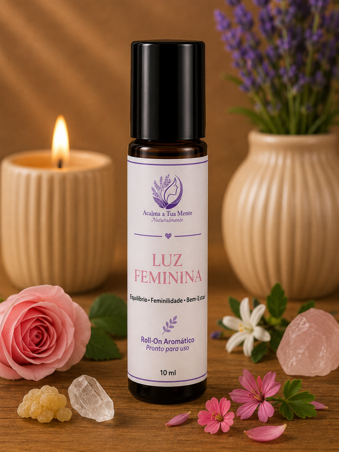 Luz Feminina | Roll-On Aromático Natural 10 ml - ACALMA A TUA MENTE NATURALMENTE - ÓLEOS ESSENCIAIS E TERAPIAS