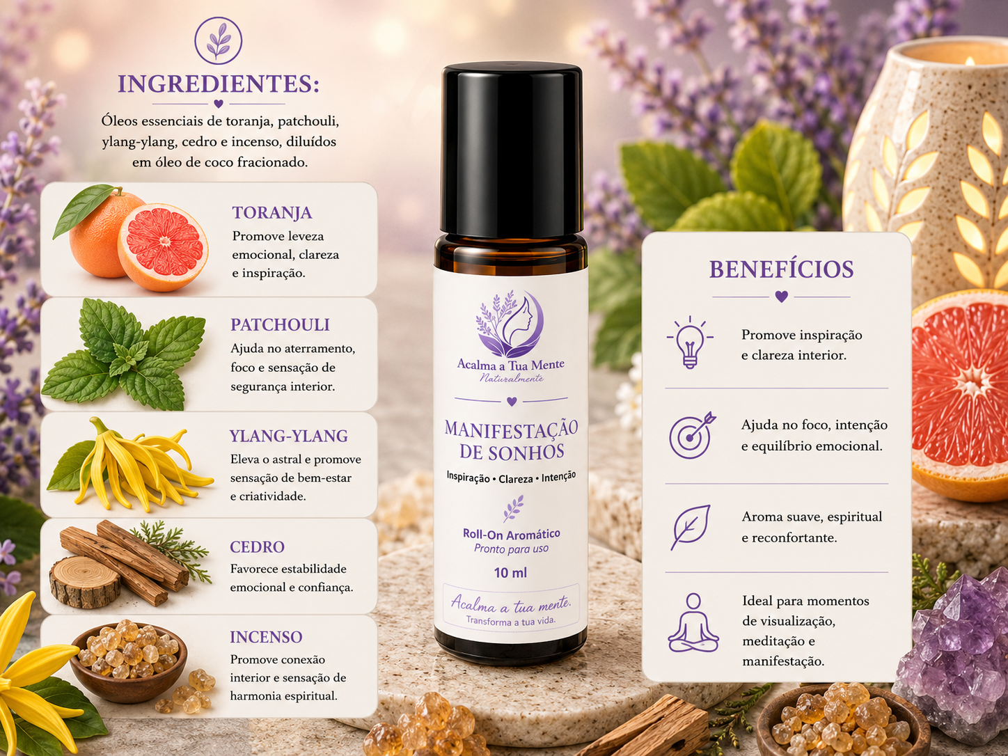 Manifestação de Sonhos | Roll-On Aromático Natural 10 ml - ACALMA A TUA MENTE NATURALMENTE - ÓLEOS ESSENCIAIS E TERAPIAS