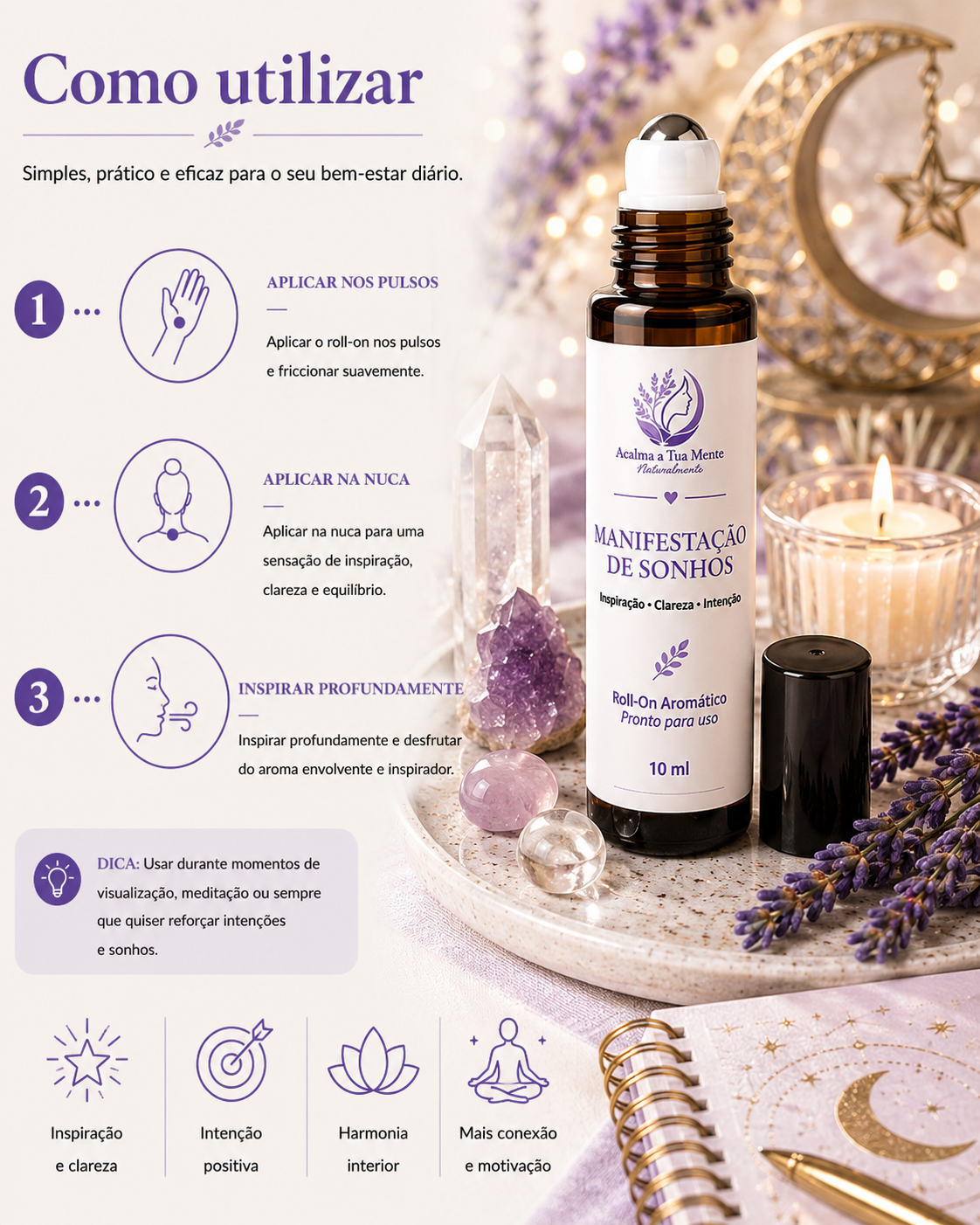 Manifestação de Sonhos | Roll-On Aromático Natural 10 ml - ACALMA A TUA MENTE NATURALMENTE - ÓLEOS ESSENCIAIS E TERAPIAS
