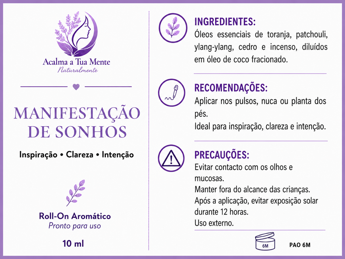 Manifestação de Sonhos | Roll-On Aromático Natural 10 ml - ACALMA A TUA MENTE NATURALMENTE - ÓLEOS ESSENCIAIS E TERAPIAS