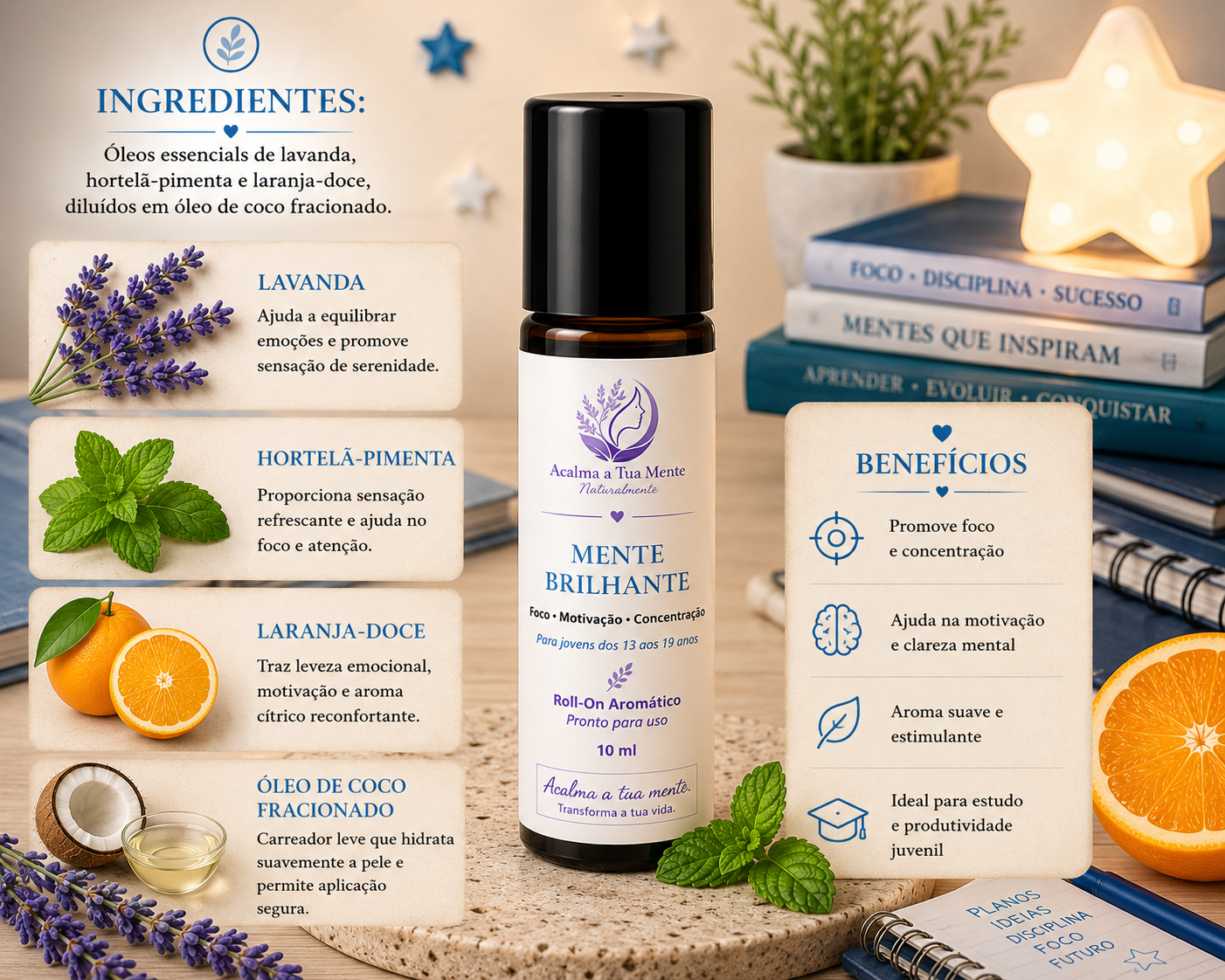 Mente Brilhante | Roll-On Aromático Jovem 10 ml - ACALMA A TUA MENTE NATURALMENTE - ÓLEOS ESSENCIAIS E TERAPIAS