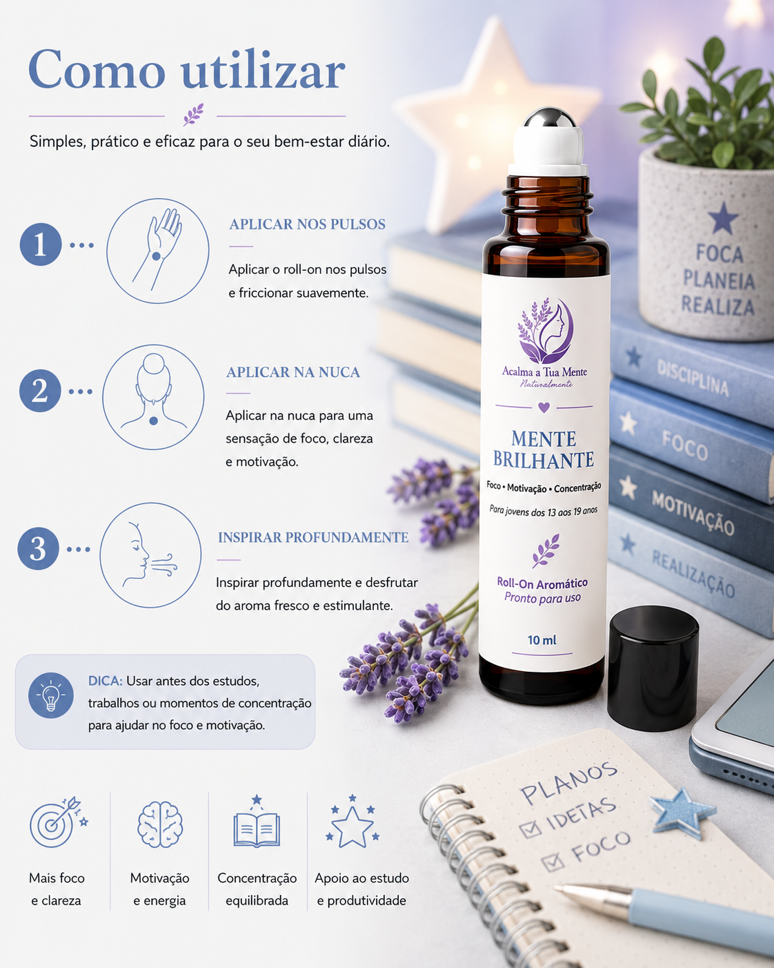 Mente Brilhante | Roll-On Aromático Jovem 10 ml - ACALMA A TUA MENTE NATURALMENTE - ÓLEOS ESSENCIAIS E TERAPIAS