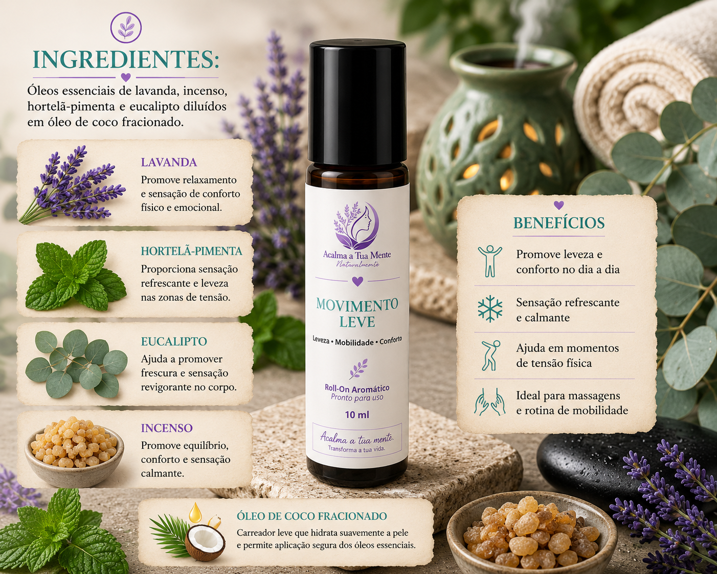 Movimento Leve | Roll-On Aromático Natural para Joelhos 10 ml