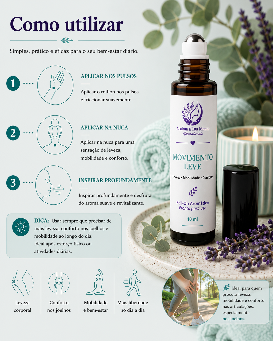 Movimento Leve | Roll-On Aromático Natural para Joelhos 10 ml